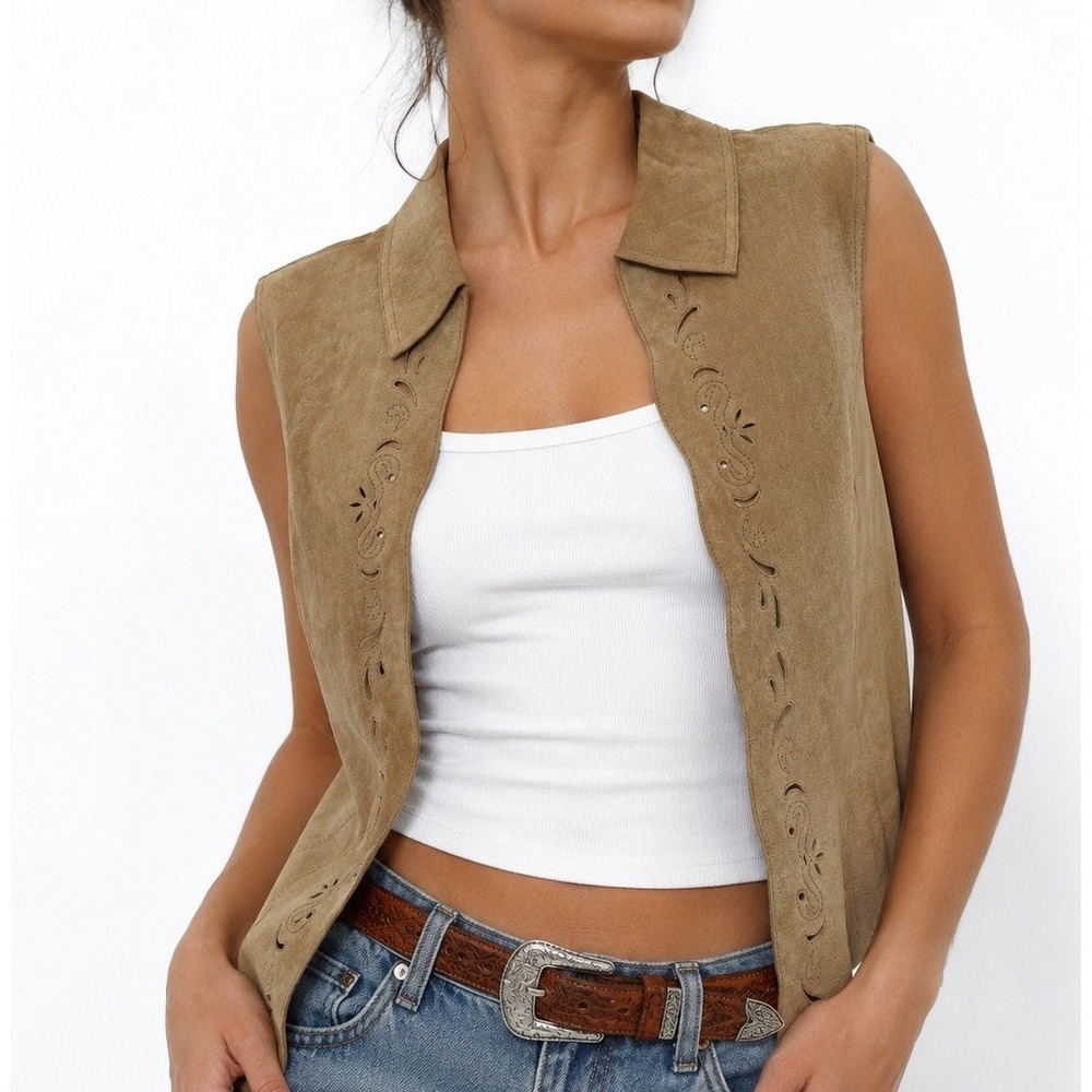 Genuine Leather Suede Western Boho Vest Tan Sz XL Laser Cut Out Festival Cowgirl